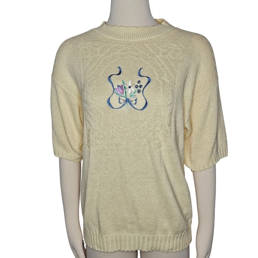 VTG College Point Yellow Cotton Embroidered Knit Sweater‎ Cottagecore Coquette M
